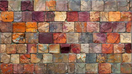 A colorful brick wall with a mix of red, brown, and orange bricks, emphasizing the varied textures.