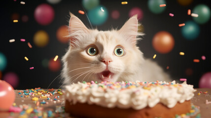 Excited cat celebrating with a birthday cake