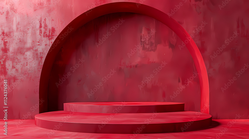 Poster crimson archway display: a dramatic two-tiered display platform sits within a vibrant crimson archwa