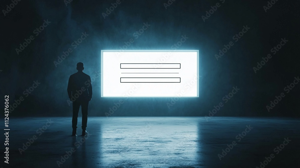 Poster a computer screen displaying a fake login page, with a figure in the shadows subtly observing, symbo