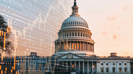 The Capitol Building framed against a clear sky, overlaid with dynamic, glowing financial tickers and percentage data, showcasing the influence of politics on market trends.