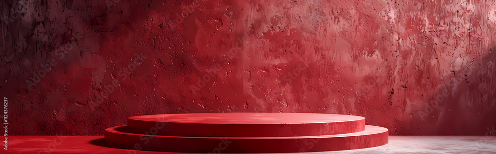 Poster red stage with concrete texture: a captivating minimalist product display featuring a circular platf