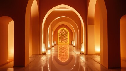 Fototapeta premium Warmly lit arches with intricate designs in a serene and harmonious interior, evoking a sense of peace and elegance