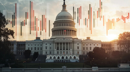 The Capitol Building standing tall under a bright sky, surrounded by floating, neon-like financial graphs, colorful stock tickers, and animated percentages.