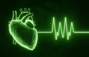 Glowing human heart with pulse line on a dark green background. X-ray hologram. 3d-rendering