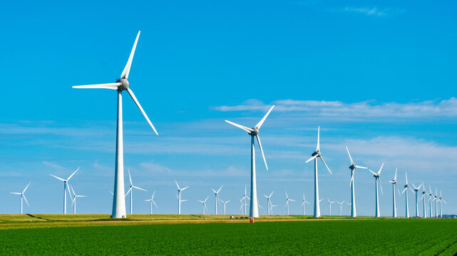 Windmill turbines generating electric green energy with a blue sky green energy concept, windmill park in the Noordoostpolder the biggest wind farm in the Netherlands