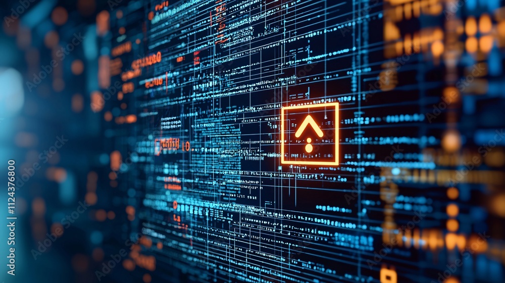 Poster a close-up of a computer screen with a warning sign indicating the presence of malware, set against 