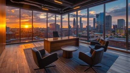 Modern office with sunset city view.
