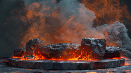 Fototapeta premium Inferno Rockscape: Glowing embers and swirling smoke create a dramatic, otherworldly scene around dark volcanic rocks, set on a circular base.