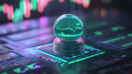 A luminous green and blue globe balanced on a detailed stack of coins, surrounded by floating, neon-like stock market indicators and charts in a high-tech style.