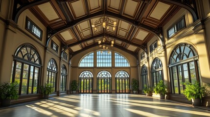 Obraz premium Wide-angle view of a spacious indoor area with high ceilings and windows framing a picturesque sky.
