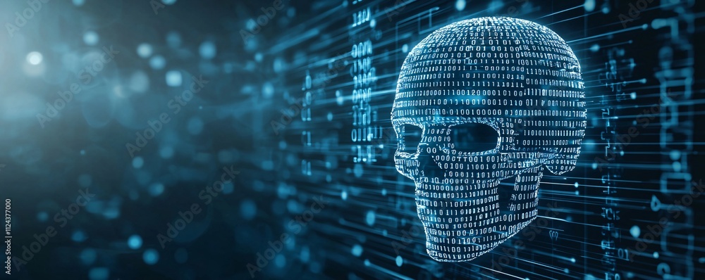 Poster A digital skull icon on a computer monitor, representing a malware threat, with binary code flowing in the background. The composition includes generous copy space for text or branding.