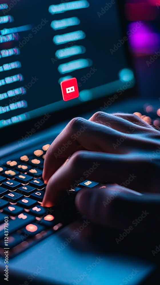 Poster a hacker's hand typing on a keyboard, with a red malware alert appearing on the screen. the backgrou