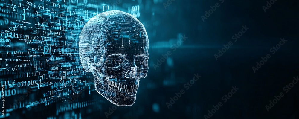 Poster a digital skull icon on a computer monitor, representing a malware threat, with binary code flowing 