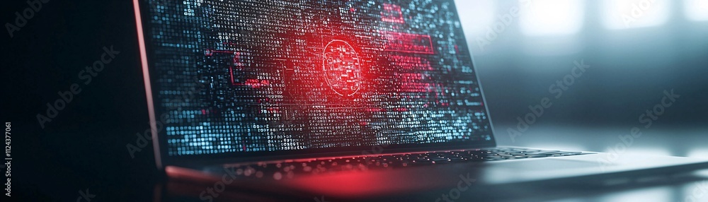 Poster a laptop displaying a red malware alert against a darkened room, with the focus on the screen and pl
