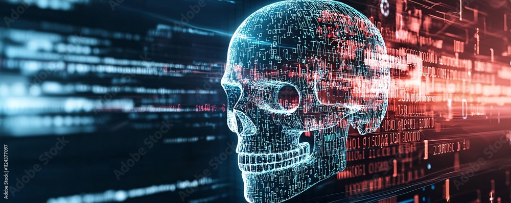 Poster a digital skull icon on a computer monitor, representing a malware threat, with binary code flowing 