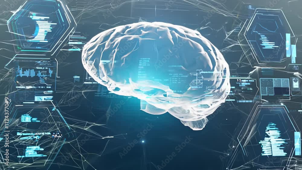 Poster exploring the dynamic connection between technology and the human brain in modern science. generativ