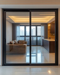 Modern living room with large sliding glass doors.