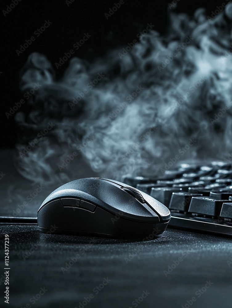 Poster a close-up of a computer mouse with a malware alert on the screen in the background, the scene is se