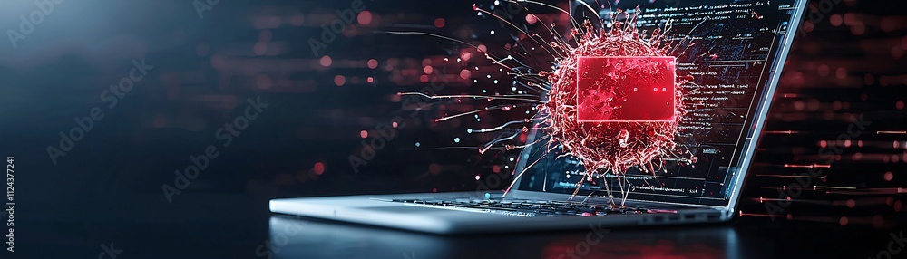 Poster a laptop displaying a red malware alert against a darkened room, with the focus on the screen and pl