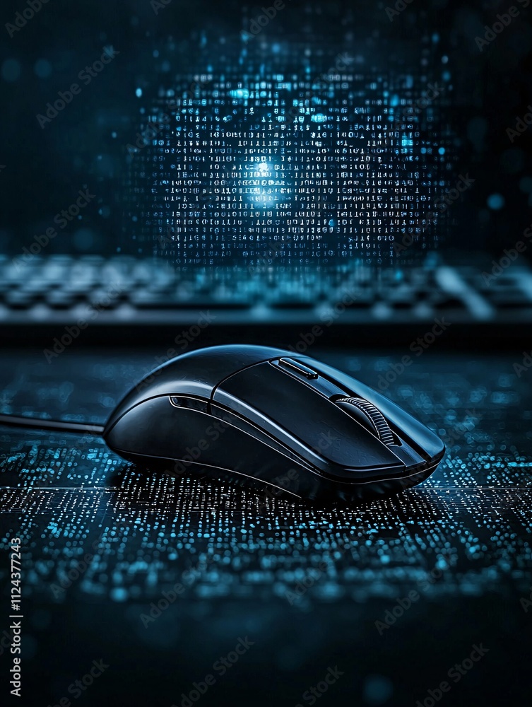 Poster a close-up of a computer mouse with a malware alert on the screen in the background, the scene is se