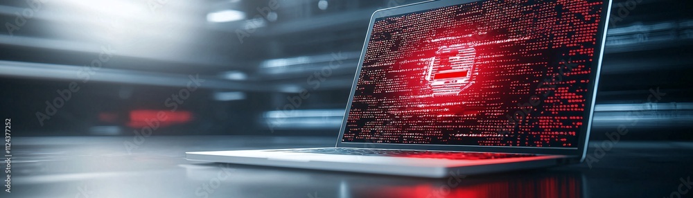 Poster a laptop displaying a red malware alert against a darkened room, with the focus on the screen and pl
