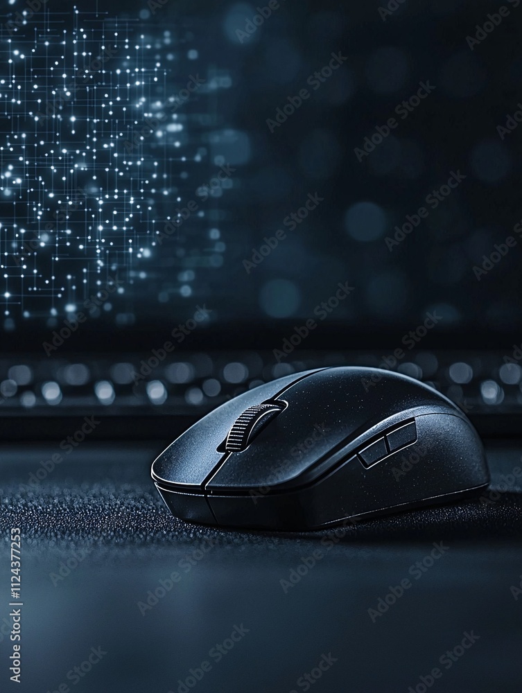 Poster a close-up of a computer mouse with a malware alert on the screen in the background, the scene is se