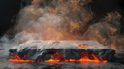 Naklejka premium Fiery Altar: A rough-hewn stone block, glowing with intense inner fire, sits amidst swirling smoke and flames, creating a dramatic and mystical scene.