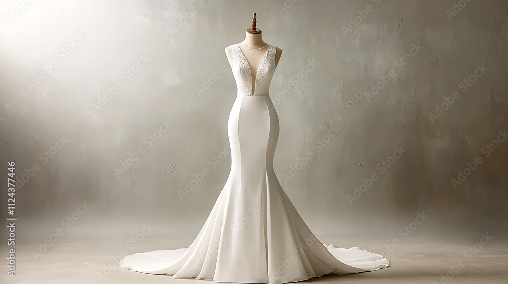 Poster elegant and flowing minimalist wedding dress showcased on a mannequin in a contemporary studio setti