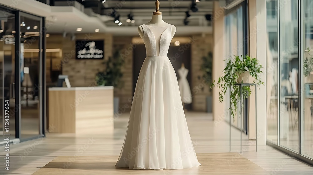 Poster showcasing a sleek and structured bridal dress with a tailored bodice and minimal design displayed i