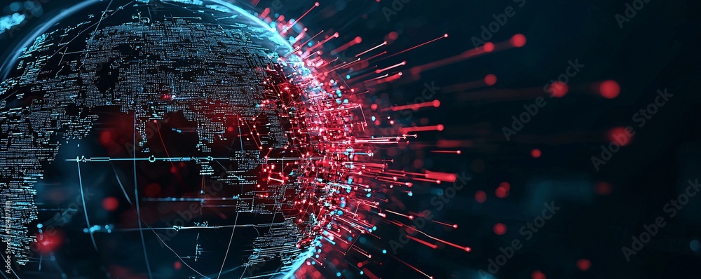 Poster a digital representation of malware infecting a network, shown as red lines spreading across a globe