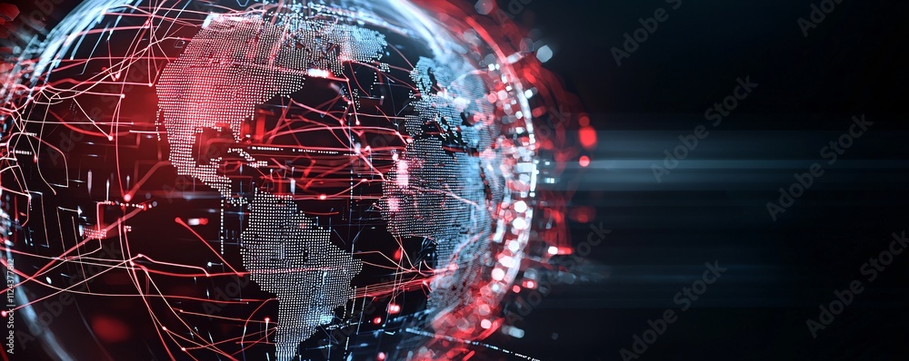 Poster a digital representation of malware infecting a network, shown as red lines spreading across a globe