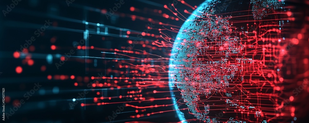 Poster a digital representation of malware infecting a network, shown as red lines spreading across a globe