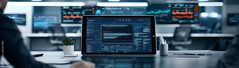 Poster a close-up of a tablet displaying a critical malware alert, surrounded by a minimalistic, dark works