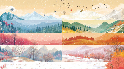 "Four Seasons Nature Banner Set: Winter, Spring, Summer, and Autumn Scenes with Seasonal Scenery and Copy Space for Text"