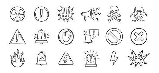 Warning doodle hand drawn icons set. Danger drawing sketch signs 