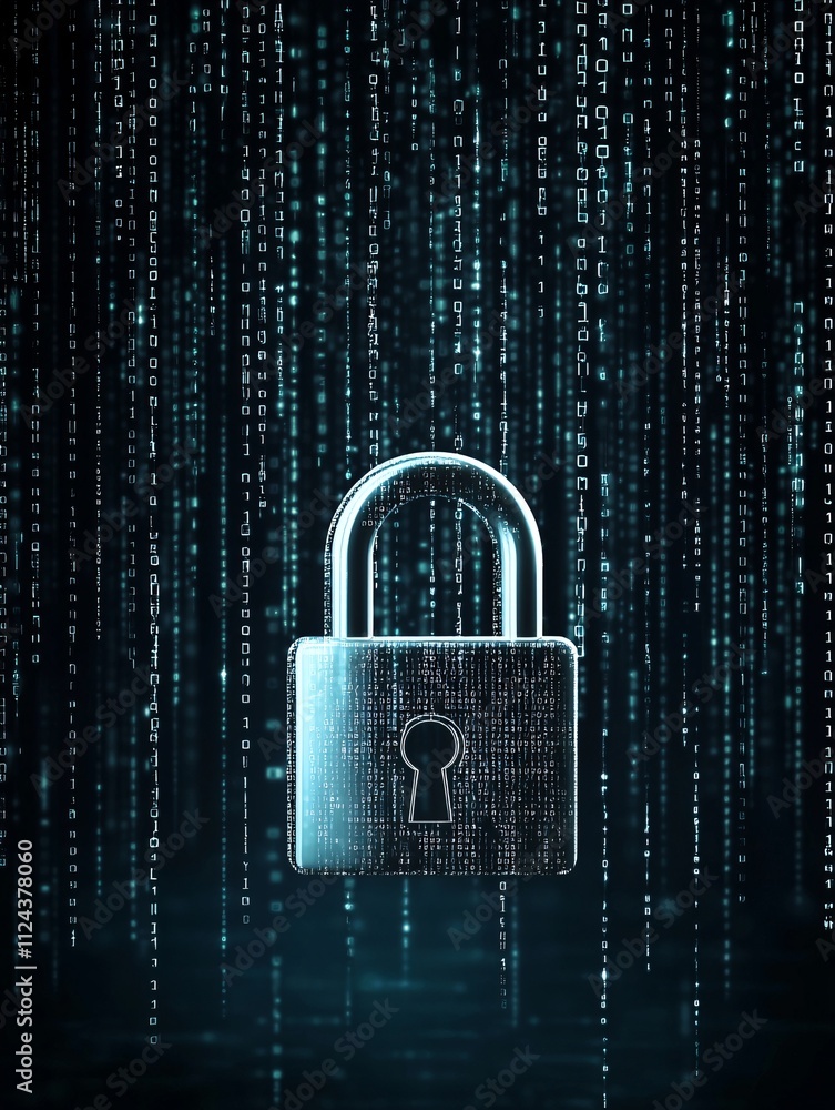 Poster a dark-themed graphic showing a lock icon with a malware alert overlay, with binary code running in 