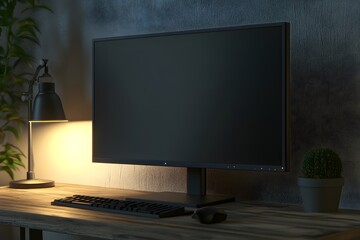 Fototapeta premium Modern Computer Setup on Wooden Desk at Night