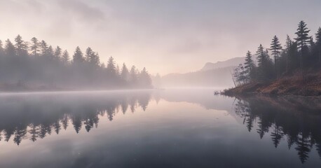 Fototapeta premium Abstract, dreamy, and surreal, overexposed photograph of a misty lake at dawn, landscape photography , abstract composition, minimalist photography
