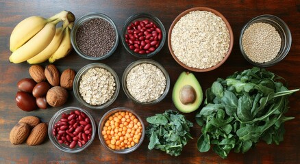 Fresh and Healthy Ingredients Displayed on a Wooden Surface Including Fruits, Nuts, Seeds, Grains, and Leafy Vegetables for a Nutritious Diet