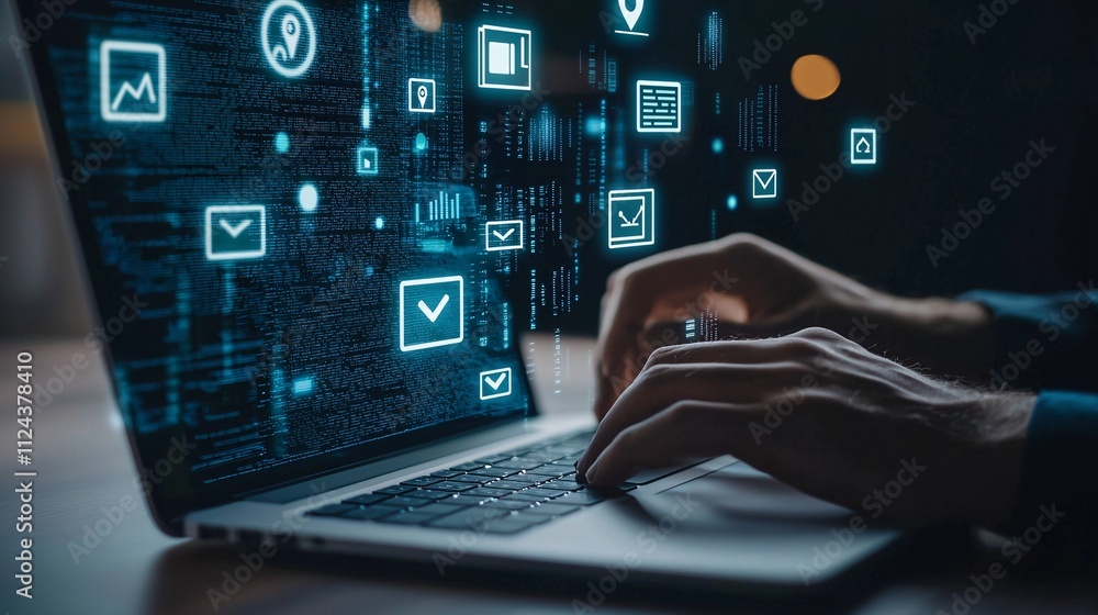 Poster a cybersecurity professional working on a laptop with code and security icons displayed on the scree