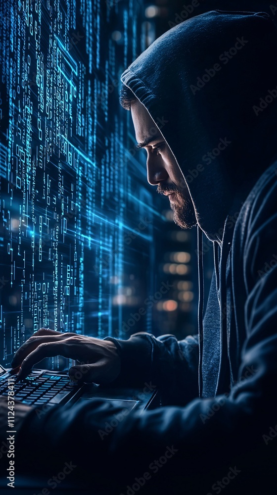 Poster a hacker wearing a hoodie in a dark room, typing on a keyboard with lines of code projected on the w