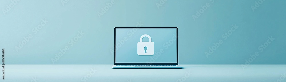 Poster a minimalist scene featuring a laptop with a security lock icon on the screen, highlighting the conc