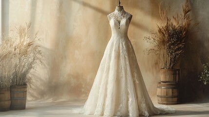 Beautifully displayed vintage wedding dress with intricate lace detailing high neckline and soft lighting set against a rustic background providing ample copy space for design or text overlay