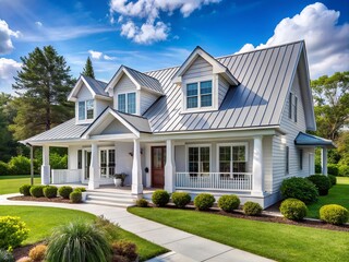 Modern White House Exterior with Grey Metal Roof - Sunny Day Architectural Photography