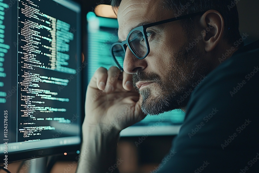 Poster a cybersecurity analyst examining code on a computer monitor, with a focus on ethical hacking practi