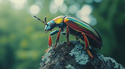 Fototapeta premium Vibrant iridescent beetle perched on a mossy log in a sunlit forest.