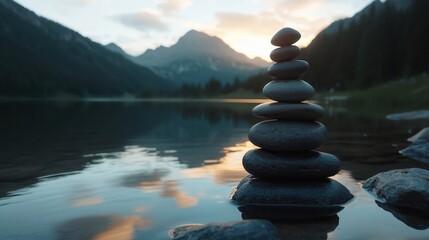 Stack of zen stones balancing in water with mountain reflecting at sunset