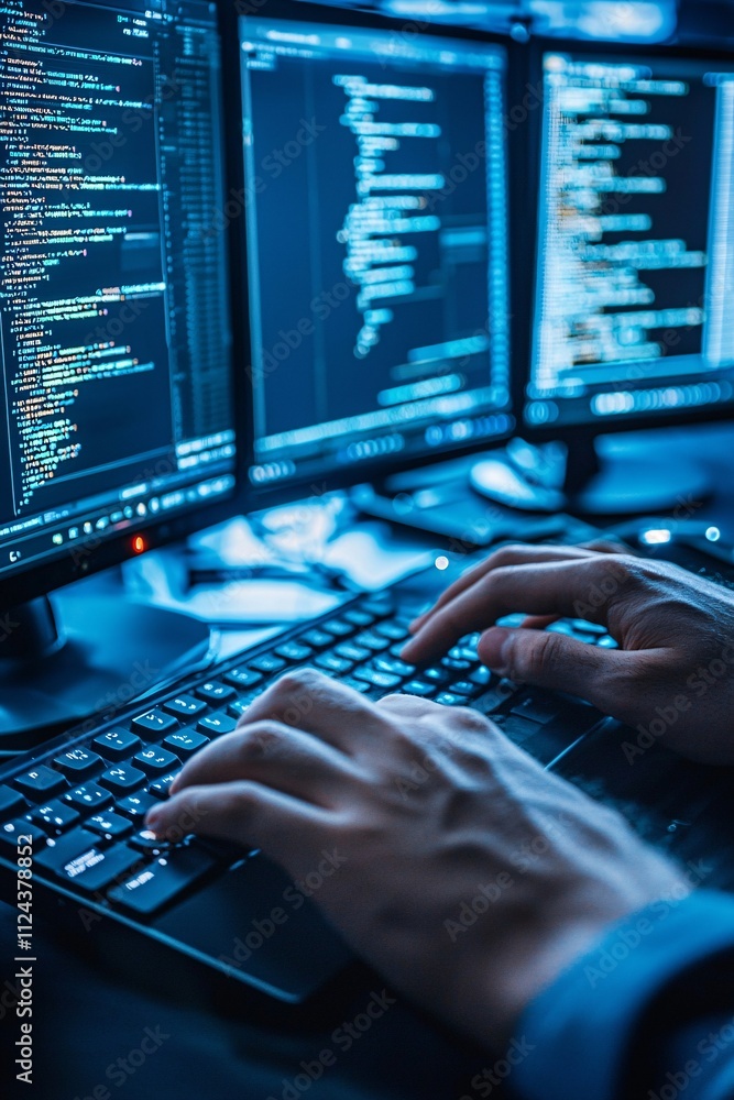 Poster a hacker typing on a keyboard with multiple screens showing security breaches being prevented, repre