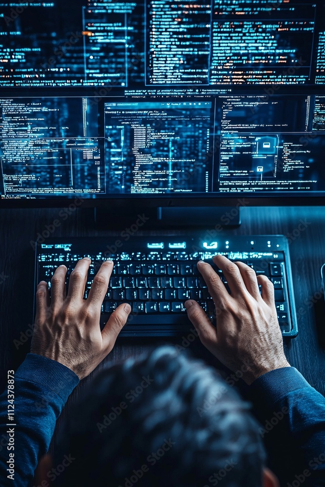 Poster a hacker typing on a keyboard with multiple screens showing security breaches being prevented, repre
